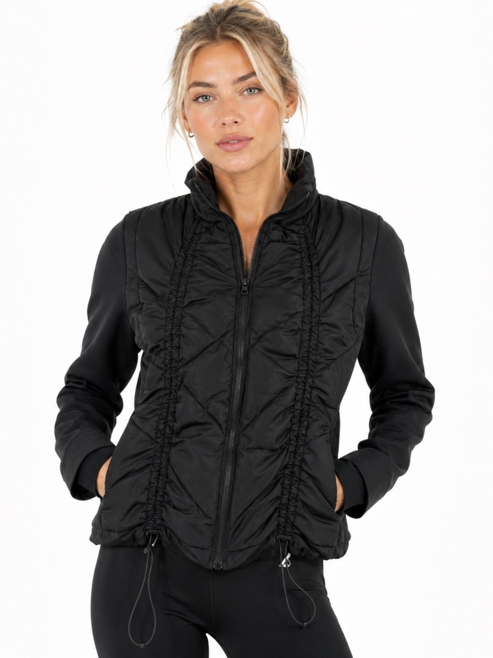 ALO Yoga Hybrid Black Quilted Ruched Zip-Front Jacket-Medium